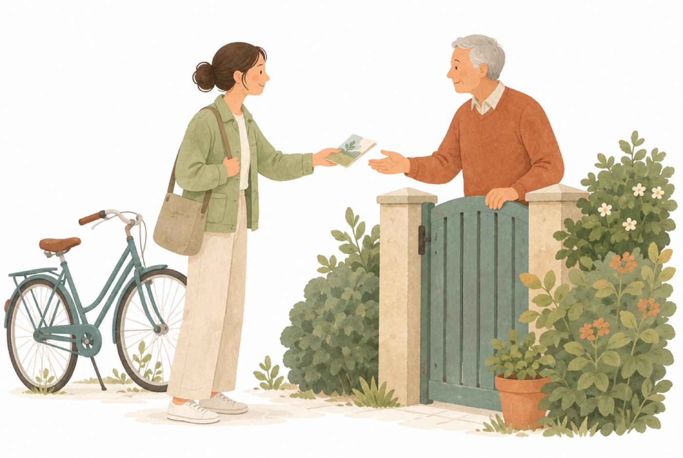 Illustration: Eine junge Frau überreicht einem älteren Mann am Gartentor eine kleine Schrift.