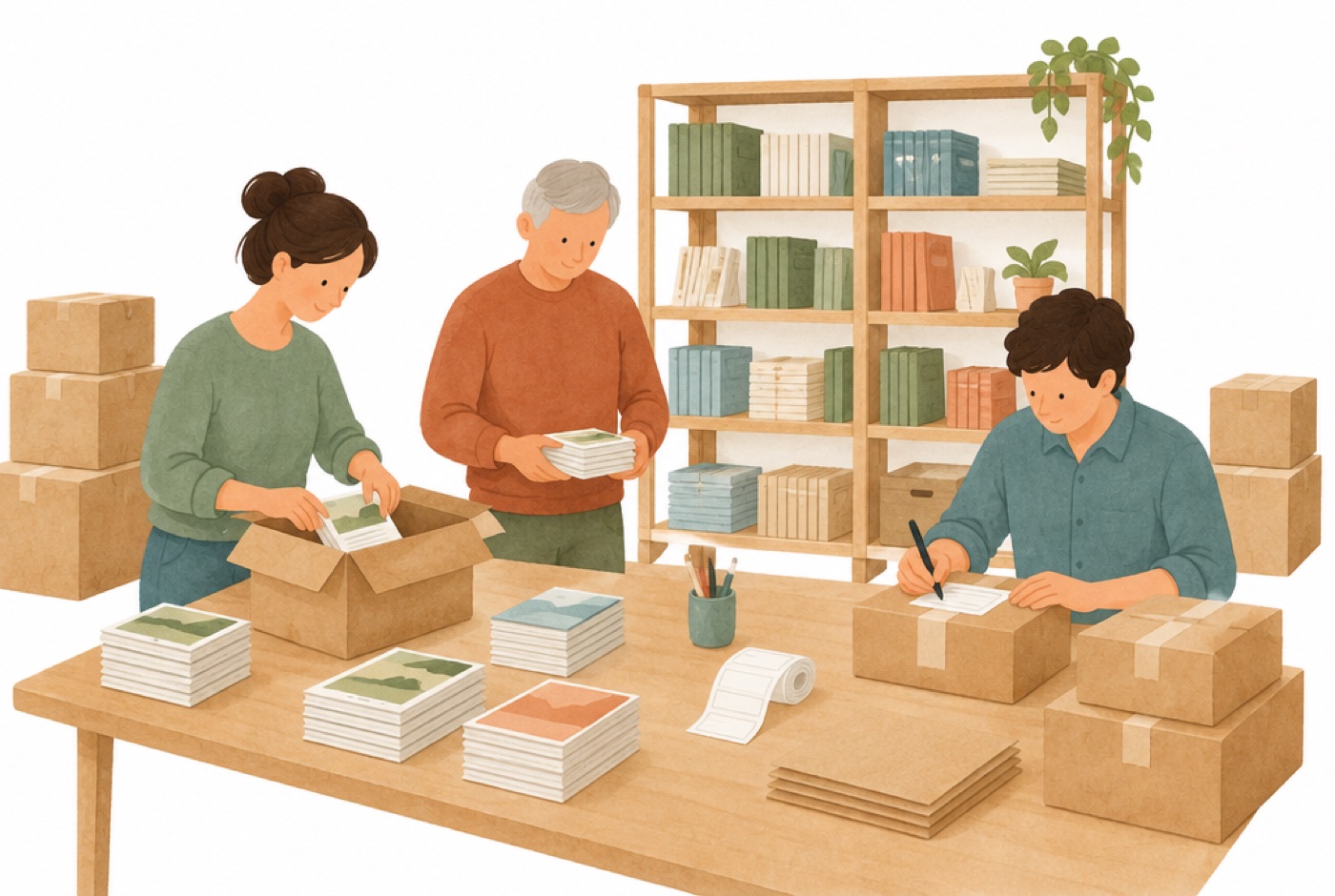 Illustration: Drei Mitarbeiter packen in einem Lager Pakete mit Schriften.